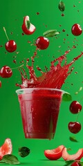 Poster - Close-up of refreshing red fruit drink splash with cherries and mint