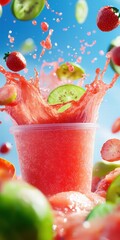 Poster - Refreshing Splash of Fruit Beverage with Strawberries and Kiwi