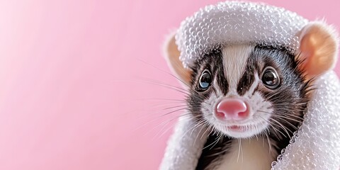 Wall Mural - happy skunk, bubble foam, wearing towel on head, solid background 