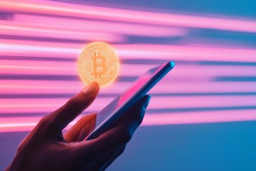 Aufkleber - Futuristic Crypto Finance Hand Holding Smartphone and Bitcoin Over Neon Gradient - Digital Asset Innovation and Modern Payment Solutions for Fintech