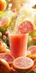 Poster - Refreshing Grapefruit Juice Splash with Fresh Fruits All Around