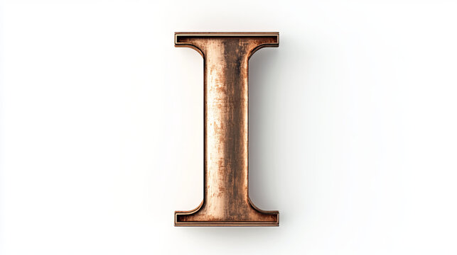 Letter I from copper pipes, 3D rendering isolated on white background