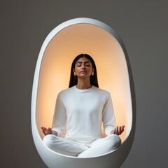 Aufkleber - Minimalist Meditation Pod Integrated Biofeedback Display and Ambient Light with Indian Guide - Advanced Wellness and Tech-Driven Health Optimization in Modern Spaces