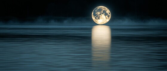 Wall Mural - A luminous full moon hovers above a tranquil lake, casting a shimmering glow on the water's surface, with mist softly enveloping the scene.