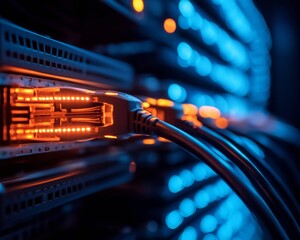 Poster - Futuristic Data Center Aesthetics LED-Illuminated Server Racks and Structured Cabling - Scalable IT Infrastructure for Modern Tech Enterprises and Digital Innovation