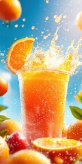 Poster - Refreshing Orange Drink Splash with Fresh Oranges and Bubbles