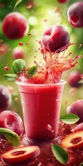 Poster - Refreshing Plum Juice Splash with Fresh Fruit in Background