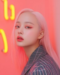 Aufkleber - Neon K-Pop Style Vibrant Urban Portrait of Young Woman in Reflective Fashion and Glitter Makeup Captivating Content for Fashion Marketing and Youth Cultural Branding