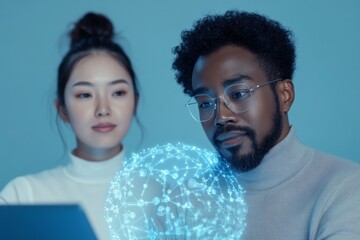 Aufkleber - Holographic Tech Collaboration Mid-30s African American Man and Asian Woman Analyzing Encrypted Data - Corporate Cybersecurity and Innovative IT Solutions in Blue-Tech Ambiance