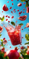 Poster - Refreshing Pomegranate Drink Splash with Juicy Seeds and Leaves