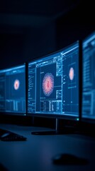 Fototapete - Futuristic Cybersecurity Hub Multi-Monitor Network Operations Center with Data Protection Interfaces - Advanced Crisis Management for Tech-Driven Business Resilience