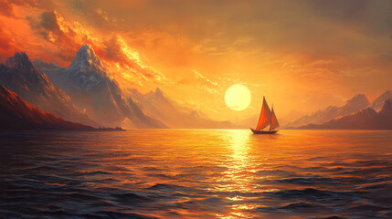 Wall Mural - Sunset landscape with sea and mountains on horizon