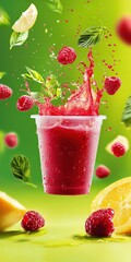 Poster - Fresh Raspberry Drink Splash with Lemon and Mint Elements