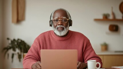 Poster - Digital Collaboration Scene Elderly Black Man in Modern Kitchen with Laptop and Headphones - Empowering Seniors in Workplace Innovation and Tech Learning