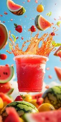 Poster - Refreshing Watermelon Splash Beverage with Fruit Elements in Air