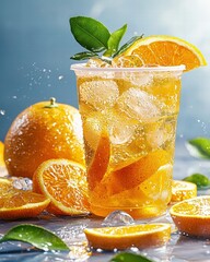 Poster - Refreshing Citrus Beverage with Ice and Orange Slices Close Up