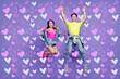 © deagreez - Photo of carefree youth cheerful friends jump have fun wear pin-up outfit isolated violet color background