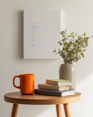 Poster - Scandinavian Minimalist Workspace Whiteboard Family Organizer and Wooden Table with Books for Home Learning - Modern Productivity and Aesthetic Decor Solution