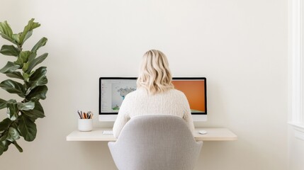 Poster - Minimalist Dual-Monitor Home Office with Ergonomic Chair Enhancing Digital Learning and Remote Work in Modern Interiors for Family-focused Productivity