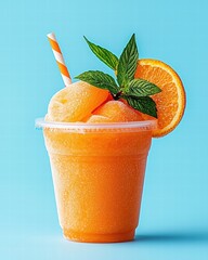 Poster - Refreshing Orange Slush with Mint and Straw on Blue Background