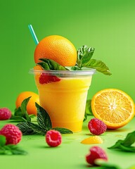Poster - Refreshing Orange Smoothie with Raspberries and Mint Leaves