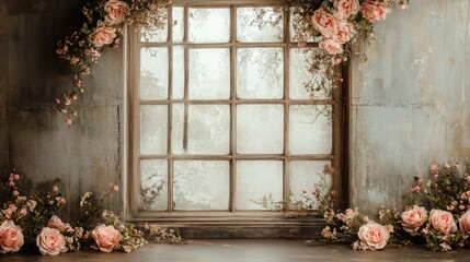 Wall Mural - Elegant backdrop with a flower-framed window and vintage elements for timeless photography