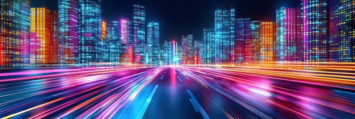 Poster - Skyscrapers glow over a bustling highway, vibrant trails capturing the buzz of night