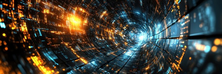 Fototapete - A high tech tunnel with vibrant blue and orange lights creates a mesmerizing visual effect