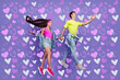 © deagreez - Profile photo of dreamy youngster couple jump hold hands wear pin-up outfit isolated violet color background