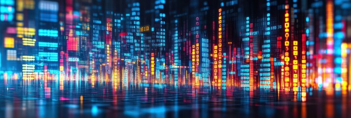 Poster - A busy city skyline illuminated by colorful lights with reflections on a calm surface during nighttime