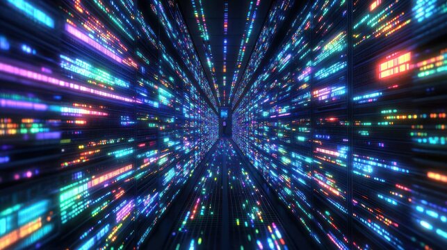 Bright lights create a vibrant digital tunnel effect showcasing data movement through space
