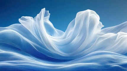 Poster - Flowing white fabric undulates gracefully, mimicking waves against a vibrant blue backdrop at dawn