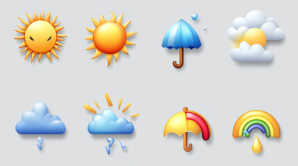meteorology icons, weather forecast signs with sun, moon, clouds, lightning, rainbow, thermometer an