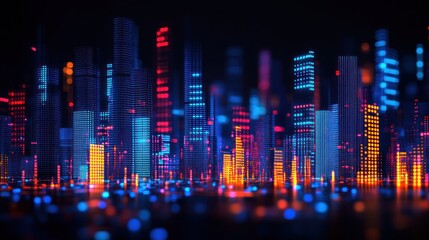 Poster - A vibrant city skyline glows with colorful lights at night, showcasing modern architecture and energy