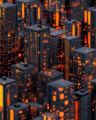 Poster - Dark urban landscape filled with glowing buildings, creating a dynamic and lively city atmosphere