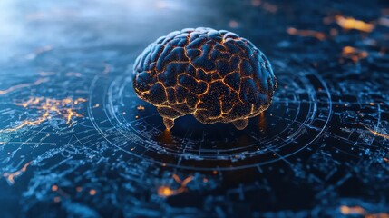 Poster - A glowing brain on a digital map represents modern intelligence and connectivity