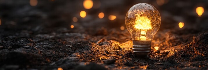 Poster - A glowing light bulb rests on textured ground with warm sparks dancing around at dusk