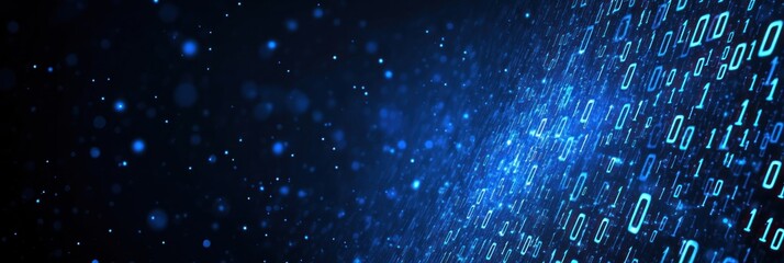 Fototapete - Vibrant blue binary data cascades on a dark background, depicting a digital realm of technology