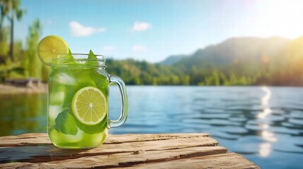 Poster - Refreshing Lemon Water Beverage on a Warm Sunny Day by the Lake