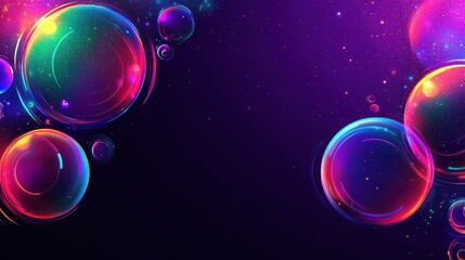 Poster - Colorful soap bubbles drift against a dark background, displaying vivid reflections and patterns