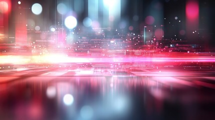Fototapete - Light trails and bokeh create a vibrant, dynamic atmosphere in an abstract digital landscape at night
