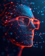 Poster - A person with glasses is surrounded by glowing digital network patterns in a dark environment