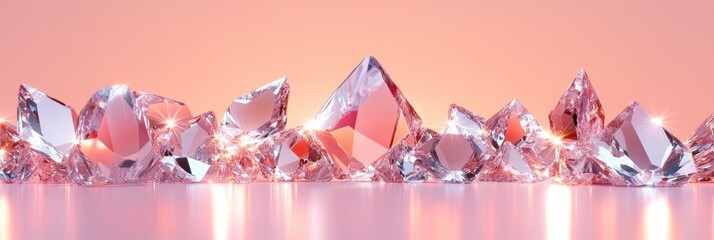 Poster - Crystals sparkle on a reflective table, contrasting beautifully with a pink backdrop