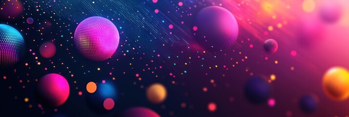 Poster - Vivid spheres and particles float in a dark backdrop, creating an engaging abstract design full of color