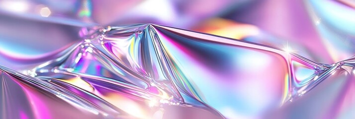 Poster - Colorful iridescent foil exhibits a shimmering texture with soft folds and dynamic light reflections