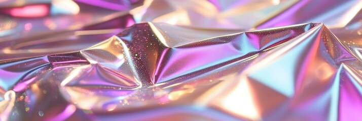 Poster - Colorful, crinkled metallic material reflects light in various shades, creating a dynamic visual effect
