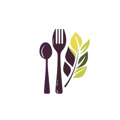 Spoon, fork, leaves design for food related branding, with white background