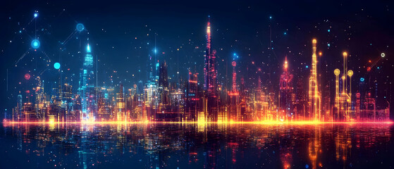 Poster - Smart city night skyline reflection, network