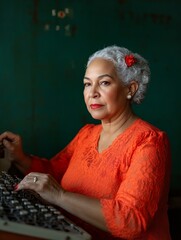 Poster - Retro Office Style Latina, 62, with Silver Hair Operating Vintage Switchboard - Classic Telecom in Office Design and Heritage Brand Storytelling