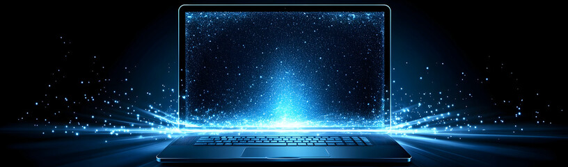 Poster - Glowing Laptop, Data Streams, Dark Background, Tech Concept